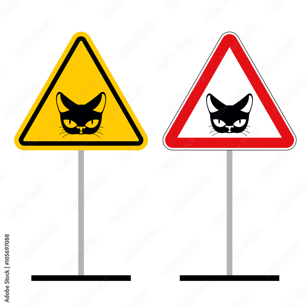 Warning sign attention cat. Hazard yellow signpet. head of Cat o Warning sign attention cat. Hazard yellow signpet. head of Cat o