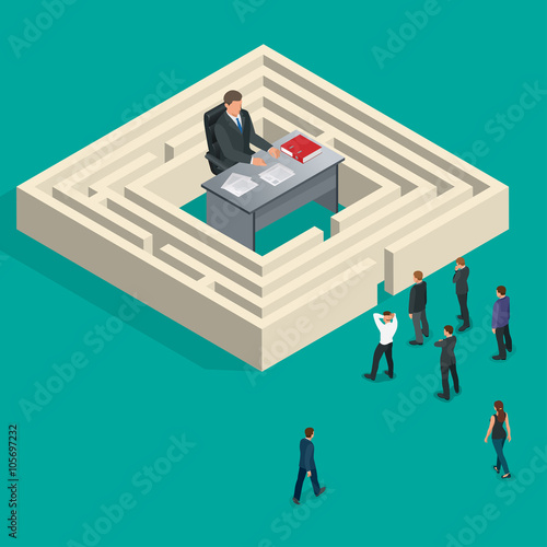 Bureaucrat in the maze. People stand in a queue. Bureaucracy concept. Flat 3d vector isometric illustration.