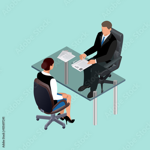 Business people in suit sitting at the table. Meeting. Job interview. Job applicants. Concept of hiring worker. Candidate or recruitment, hire and interviewer. Flat 3d  isometric illustration.