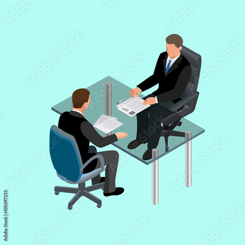 Business people in suit sitting at the table. Meeting. Job interview. Job applicants. Concept of hiring worker. Candidate or recruitment, hire and interviewer. Flat 3d  isometric illustration.