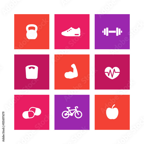 Fitness icons, simple fitness symbols, square icons on white, vector illustration