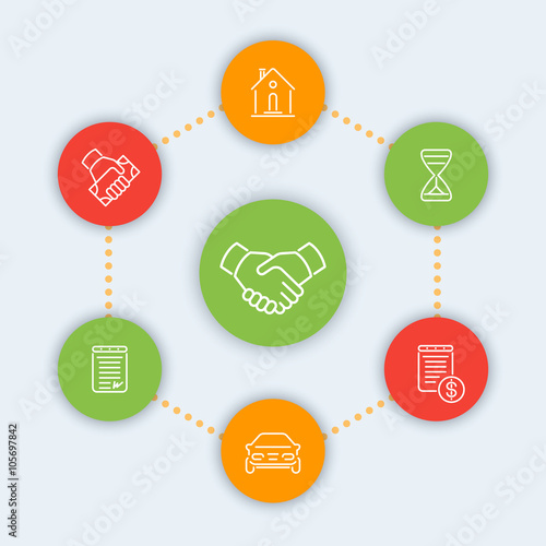 Leasing line icons, banking, loan, lending, leasing pictograms, round color icons, vector illustration