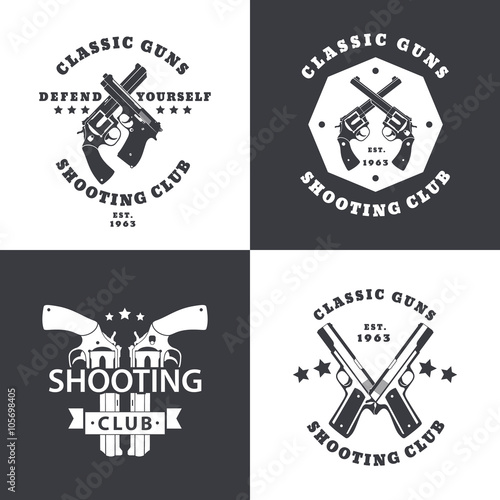 Shooting Club, vintage emblems with crossed revolvers, guns, pistols, in black and white, logo with handguns, pistols, vector