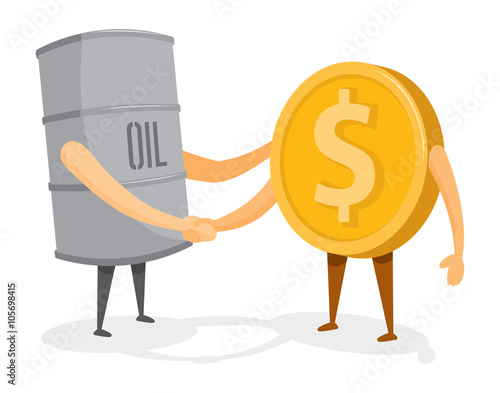 Handshake between oil barrel and gold coin or money
