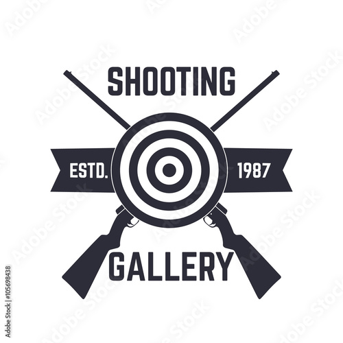 Shooting gallery logo template, sign with crossed rifles, hunting rifles and target, isolated on white, vector illustration