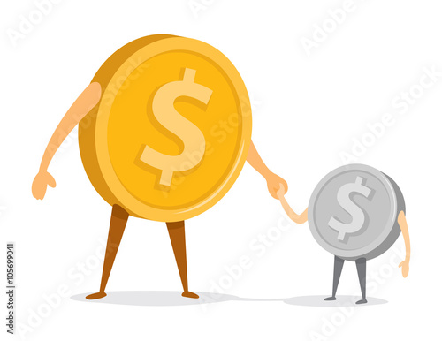 Coin or money father and son holding hands