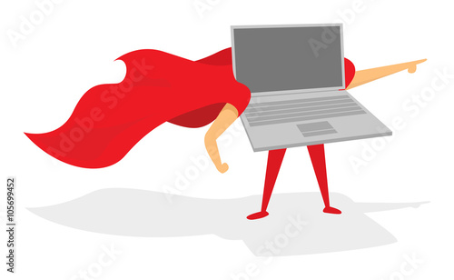 Laptop or computer super hero standing with cape