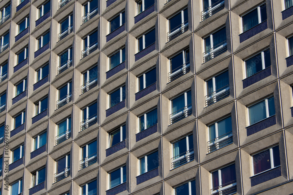 building exterior , residential building facade, window pattern building exterior , residential building facade, window pattern