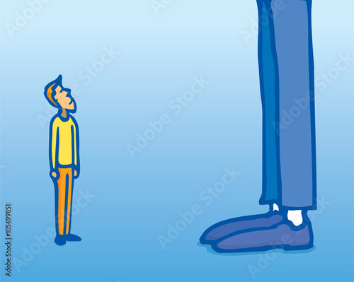 Small man looking at giant