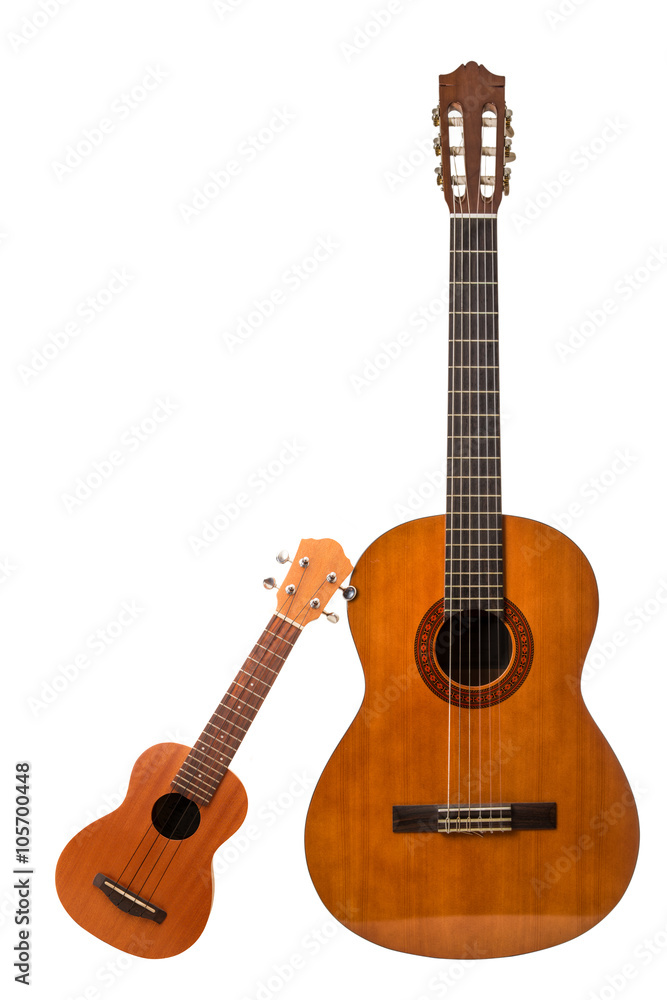 chitarra ed ukulele in fondo bianco