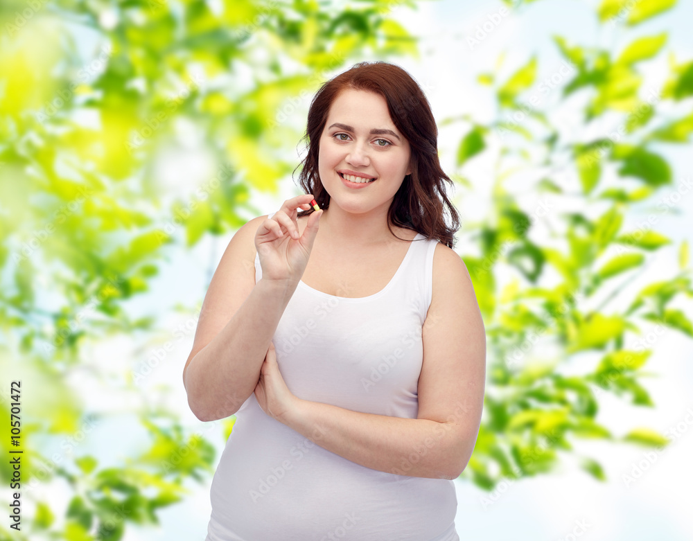 happy plus size woman in underwear with pill happy plus size woman in underwear with pill