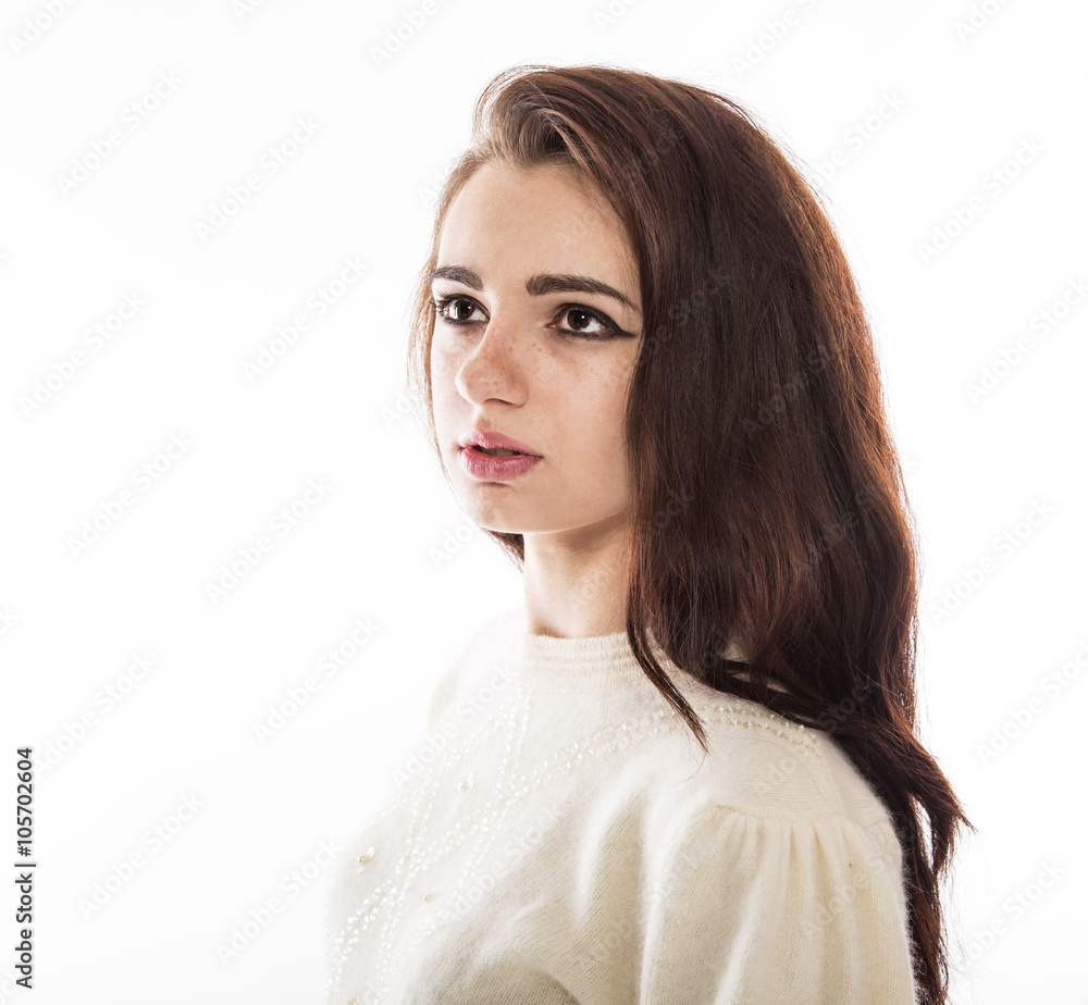 Portrait of young beautiful model with freckles. Portrait of young beautiful model with freckles.