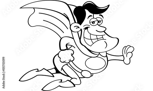 Black and white illustration of a superhero flying.