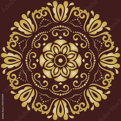 Oriental pattern with arabesques and floral brown and golden elements. Traditional classic ornament