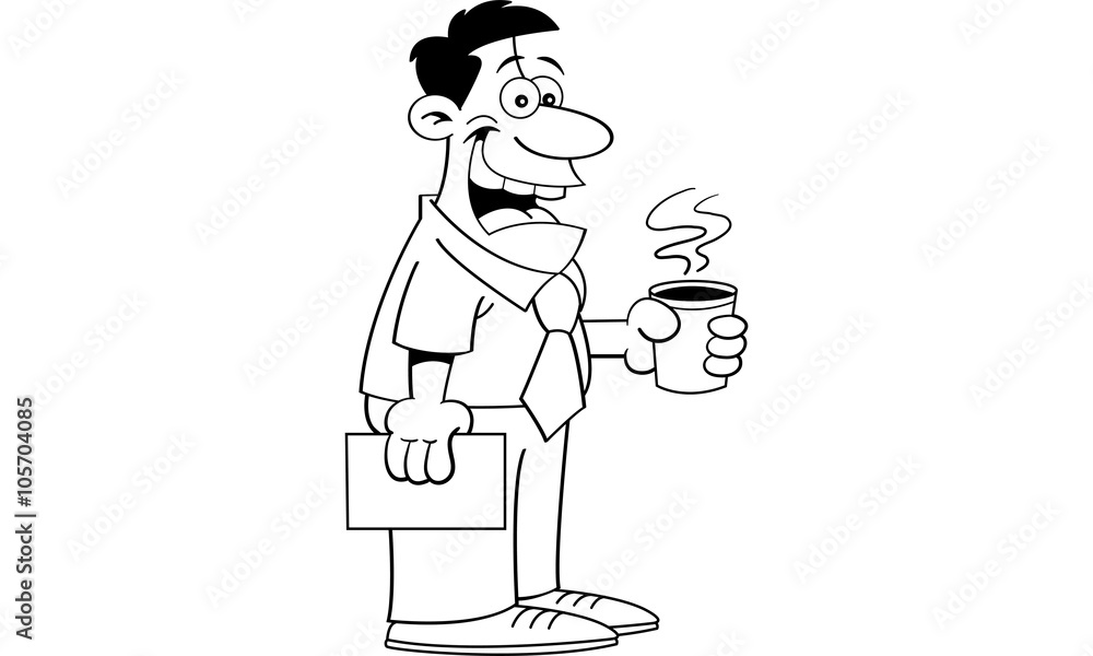 Black and white illustration of a man holding a coffee cup.