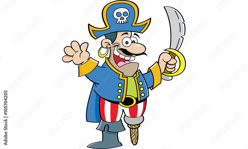 Cartoon illustration of a pirate holding a sword and waving. Cartoon illustration of a pirate holding a sword and waving.