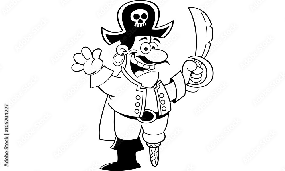 Naklejka premium Black and white illustration of a pirate holding a sword and waving.
