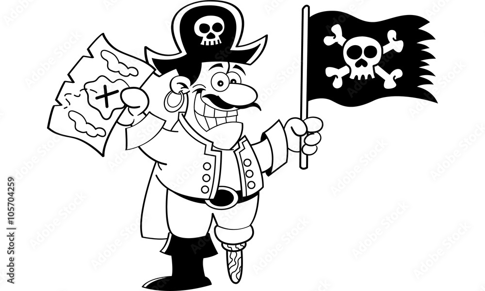 Black and white illustration of a pirate holding a flag and map. Black and white illustration of a pirate holding a flag and map.