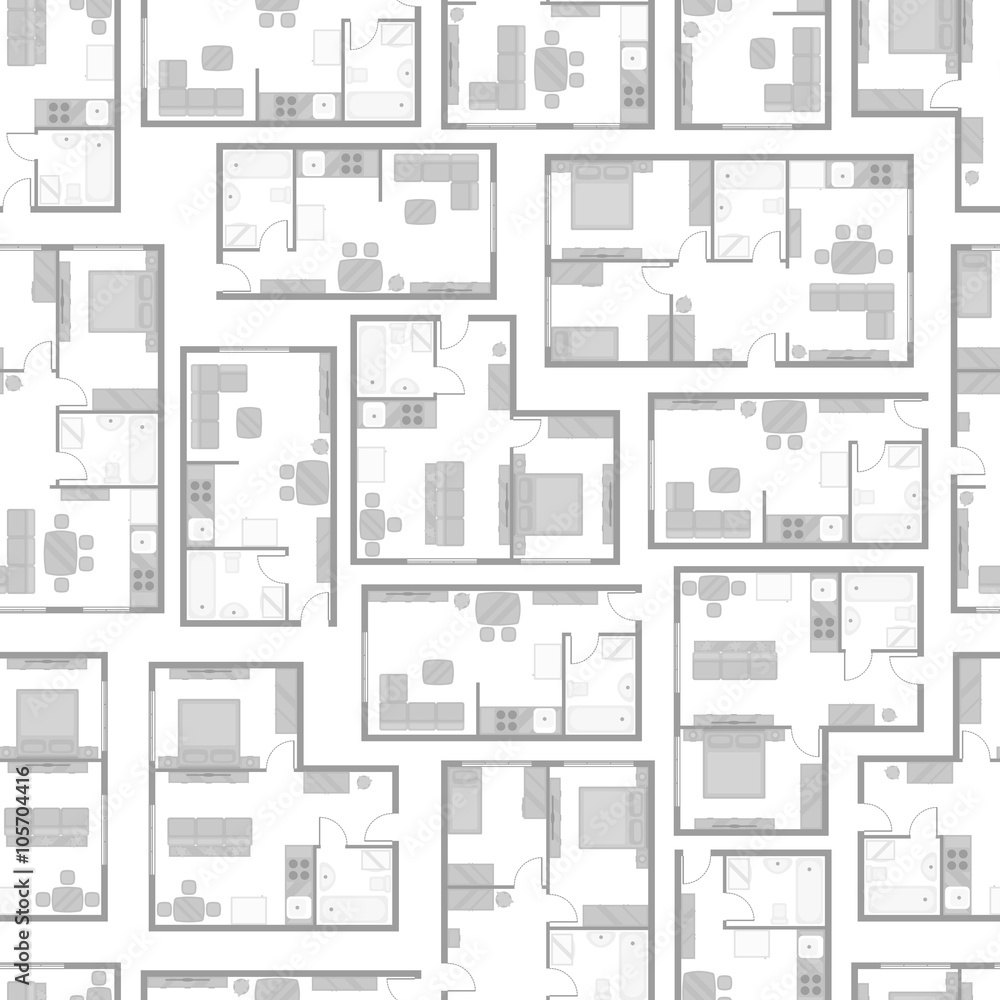 Seamless pattern with architectural projects of apartment and furniture