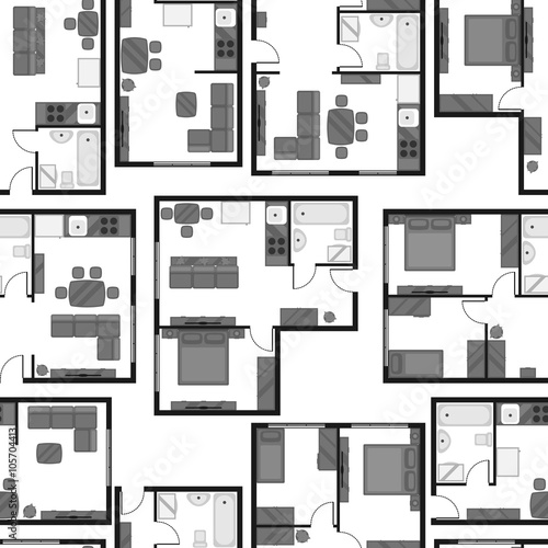 Seamless pattern with architectural projects of apartment and furniture