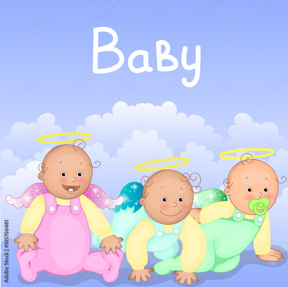 Three cute children in the clouds. Newborn babies icon. Colorful vector illustration. Three cute children in the clouds. Newborn babies icon. Colorful vector illustration.