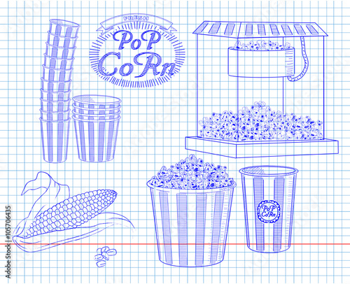 Popcorn machine, ear of corn, stack of small & big popcorn boxes