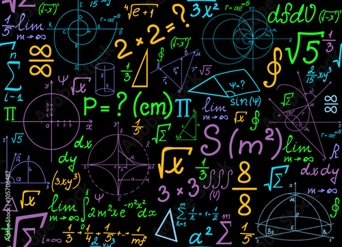 Multicolored mathematical vector seamless pattern with geometrical plots, formulas and calculations. Math colorful endless texture. You can use any color of background