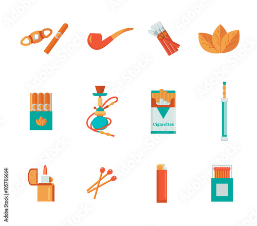 Smoke vector icon set: smoke illustration. Smoke tobacco, smoking pipe, hookah. Isolated flat set of addiction, bad habits