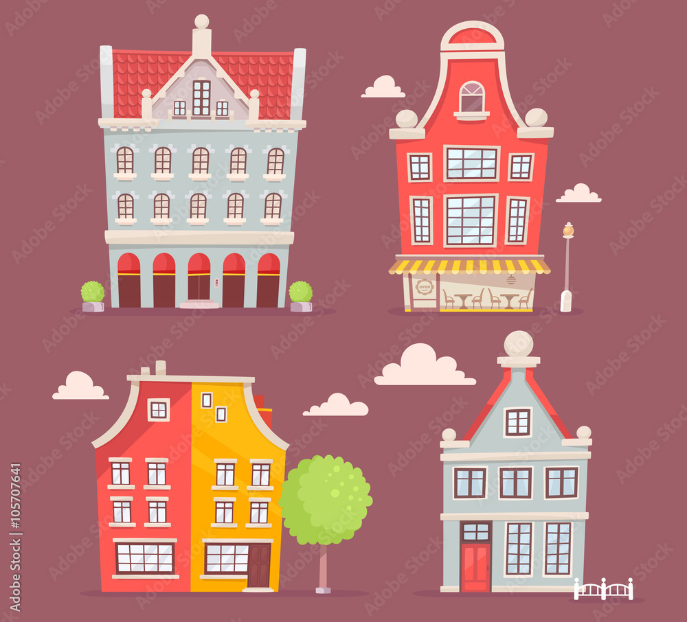 Vector set of illustration of city buildings on brown background