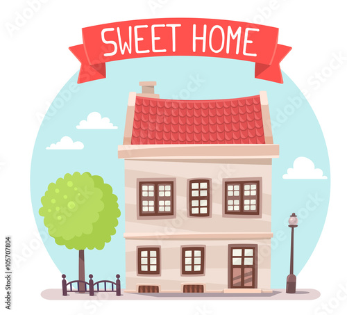 Vector illustration of house with street lamp and tree in day li
