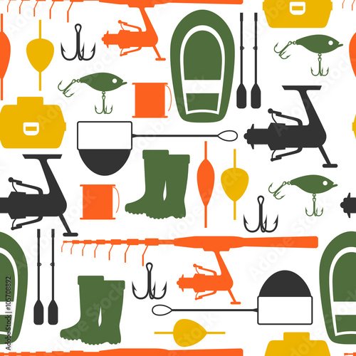 Seamless pattern with fishing supplies. Background made without clipping mask. Easy to use for backdrop, textile, wrapping paper