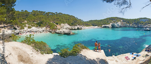 Minorca, isole Baleari, Spagna: la spiaggia di Cala Mitjaneta con Cala Mitjana sullo sfondo il 7 luglio 2013 photo