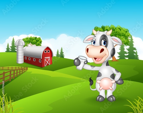 Cartoon cow holding glass in the farm