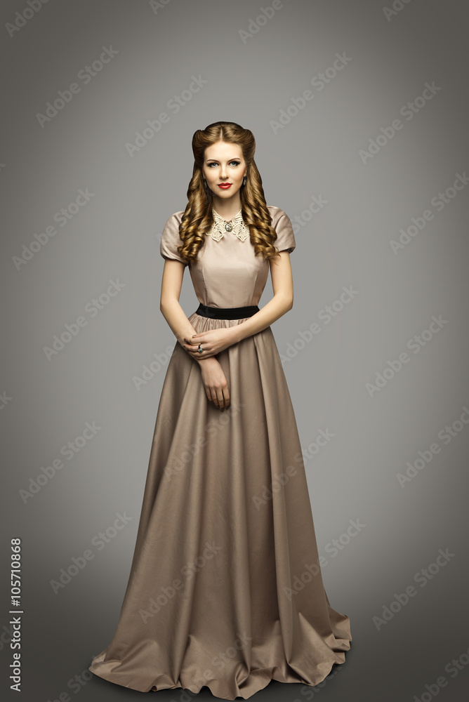 Woman Long Dress, Fashion Model in Historical Gown over Gray Woman Long Dress, Fashion Model in Historical Gown over Gray