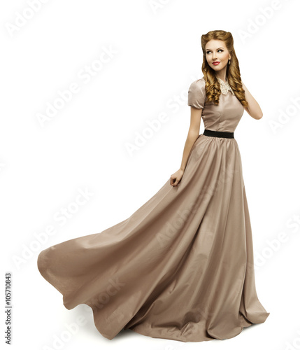 Woman Brown Dress, Fashion Model in Long Gown Turning on White