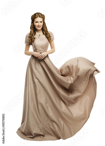 Woman Long Dress, Fashion Model in Historical Gown Waving