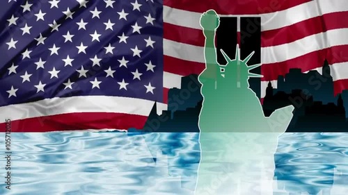 American patriotic illustration of New York with Manhattan skyline reflected in Hudson river and the Statue of Liberty on a shining american flag background.