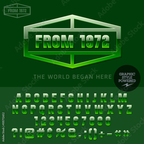 Glossy green logotype for organic and ecologic product shop. Vector set of letters and numbers