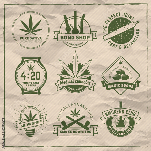 Set of vector marijuana smoking badges. Medical cannabis labels