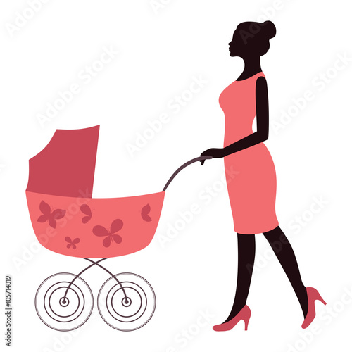 Elegant mother in pink dress walking with stroller isolated