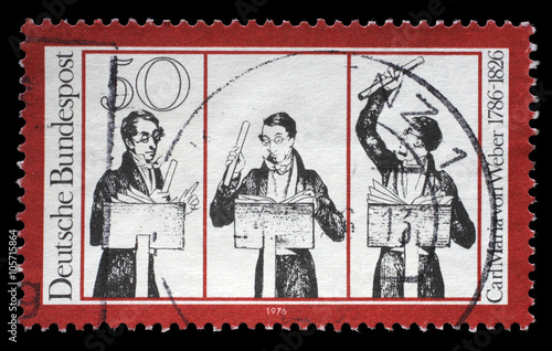 Stamp printed in German Democratic Republic (East Germany) honoring Carl Maria von Weber, shows musicians, circa 1976