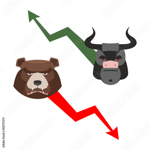 Bull and bear. Traders allegory. Green up arrow-increase shares.