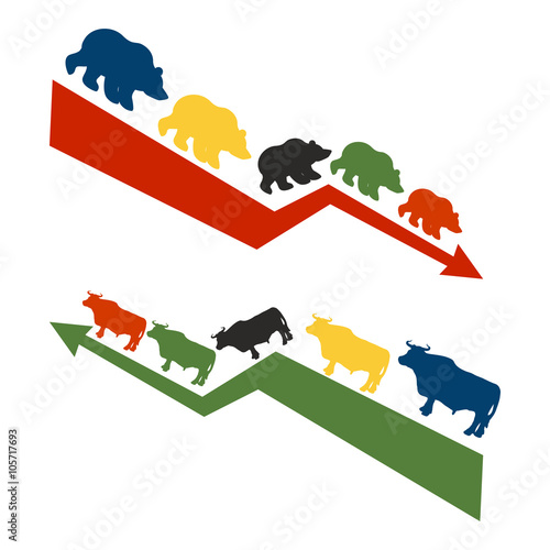 Bulls and bears. Rise and fall of quotations on stock exchange.