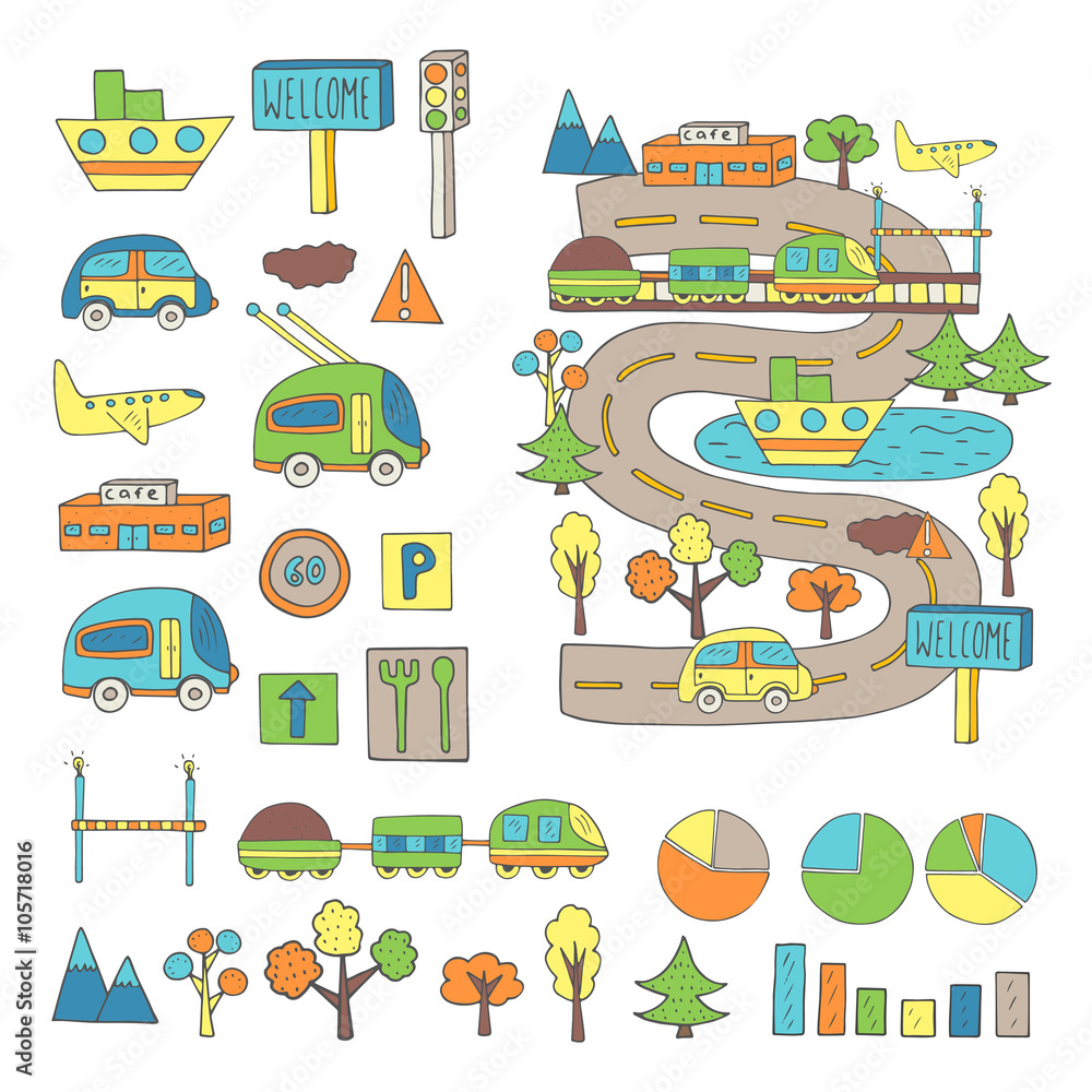 Hand drawn doodle city transport, traffic infographic Hand drawn doodle city transport, traffic infographic