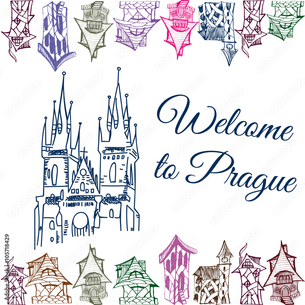 hand drawn Doodle home, welcome to Prague, background design for flyers, banners