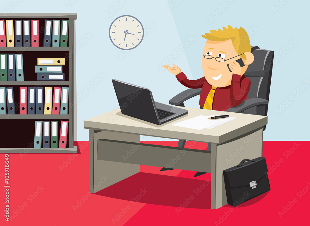 Cartoon businessman on the phone in office. Customer service. Technical support. Simple vector illustration. Cartoon businessman on the phone in office. Customer service. Technical support. Simple vector illustration.