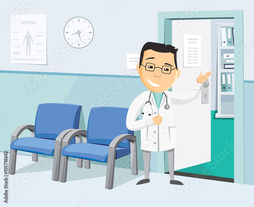 The best medical health care. Funny doctors private practice. Health Center. Vaccination. Waiting room at the doctor. Simple cartoon vector illustration.