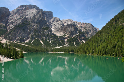 Braies Lake in Dolomites mountains, Seekofel in background, Sudtirol, Italy
