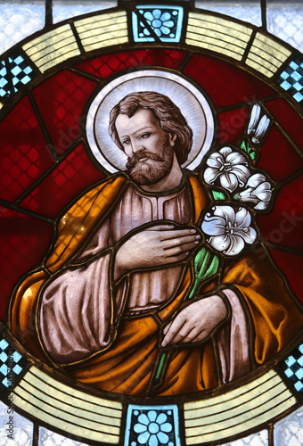 Saint Joseph, stained glass window in Basilica Assumption of the Virgin Mary in Marija Bistrica, Croatia