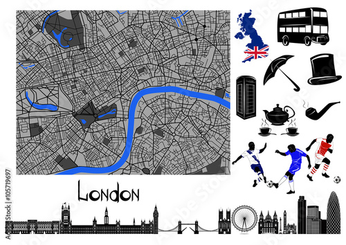 London. Black-and-white map and hallmarks of London.
